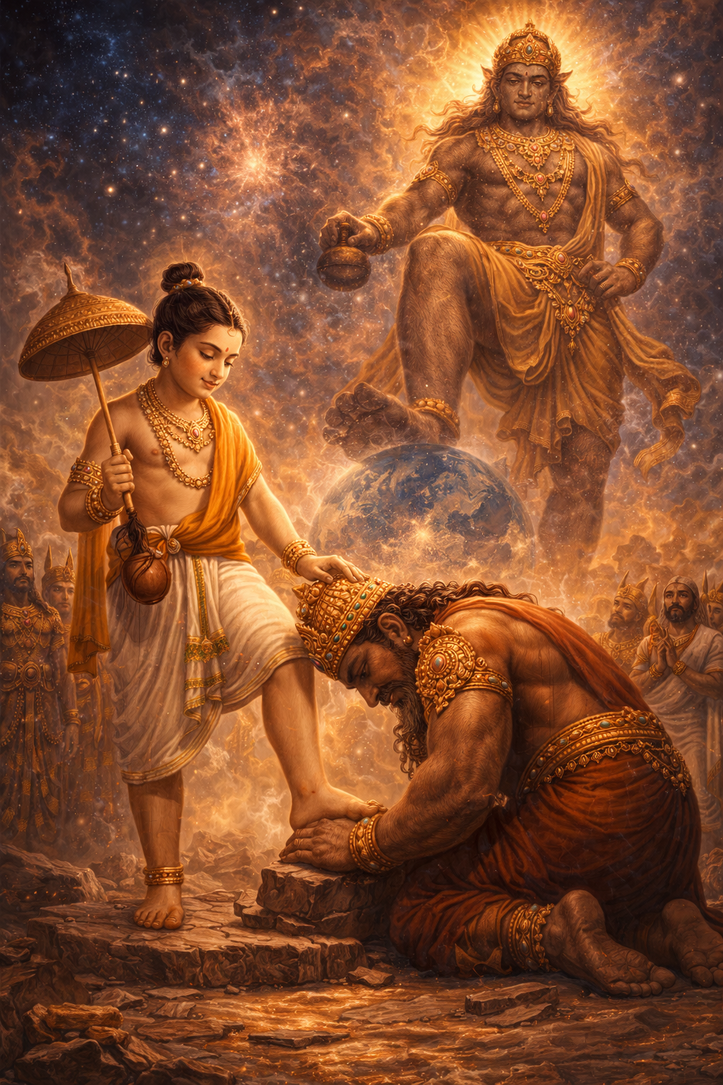 Vamana Avatara taking three steps to cover the universe